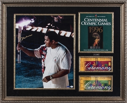 Muhammad Ali Signed 1996 Atlanta Olympics Framed Collage with 16x20 Photo, Program and Opening & Closing Ceremony Tickets (JSA)